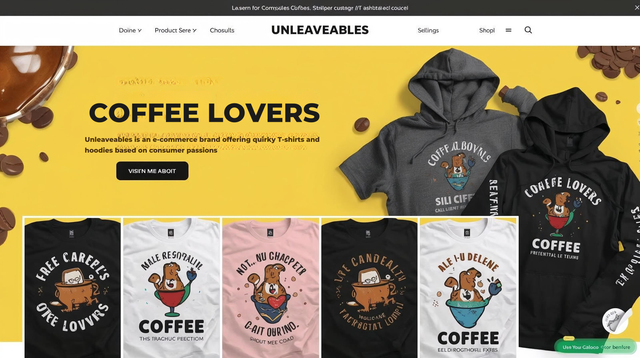 Coffee Lovers campaign creative for Unleavables: coffee-themed T-shirts and hoodies